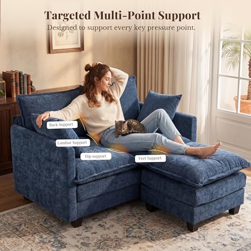 Image of Loveseat Sofa with Ottoman, Cloud 3-Layer Cushion, 27 inch Deep Seat Love Seat Small Couch with 2 Pillows for Small Spaces, Bedroom, Apartment, Office, Living Room, in a Box, 50-Inch Blue
