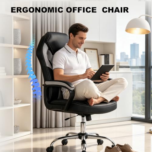 Image of Gaming Office Chair, PU & Mesh Design Computer Desk Chair, Wide Seat Big and Tall Swivel Office Chair, 400 LBS Weight Capacity Metal Base for Home Office Gaming