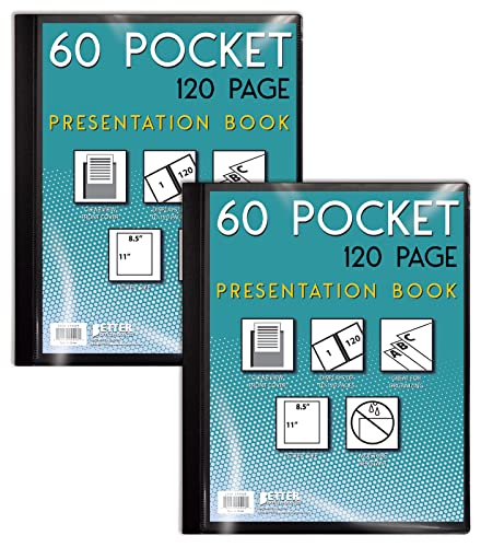 60 Pocket Bound Black Presentation Book, with Clear View Front Cover, 120 Sheet Protector Pages, 8.5" x 11" Sheets, by Better Office Products, Art Portfolio, Durable Poly Covers, Letter Size (2 Pack)