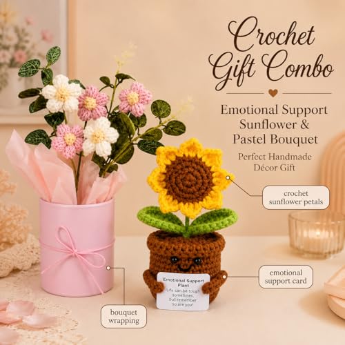 Image of Crochet Flower Bouquet & Emotional Support Sunflower Combo - Handmade Knitted Floral Gift Set | Aesthetic Mini Decor Combo
