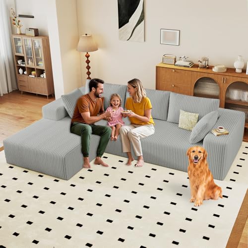 Image of 96 inch Modular Sectional Sofa, Modern Corduroy Cloud Couch with Deep Seat, Boneless Couch Upholstered 3-Seater L-Shaped Sofa for Living Room, No Assembly Required (Light Grey, Left-Facing Chaise)
