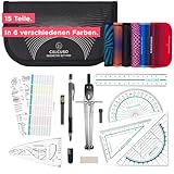 CALCUSO Geometrie Set Pro – 15-teiliges Geodreieck Set mit Zirkel mit Feststellrad, Lineal, Radiergummi und Anspitzer in schwarzer Federmappe – ideal für Schule, Uni, Büro, Zirkel ab 4. Klasse