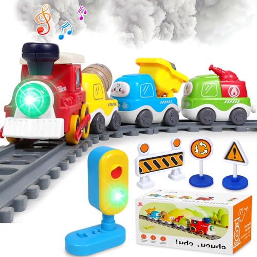 Electric Train Set for Toddlers 3-5 4-8 with Train Tracks Set Lights Up Steam Sign Realistic Music Sound Magnetic Train Connection Toys Birthday 3 4 5 6 7 8+ Years Old Boy Toys Girl