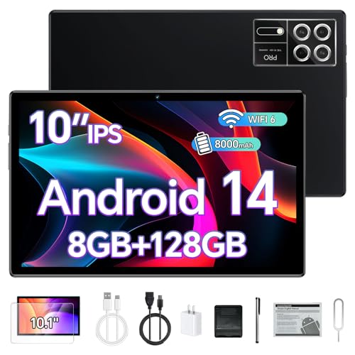 Xixaomiro S12 Tablet, 10.1 Polegada Android 14, 8GB+128GB Tablet com Película de Proteção, Caneta stylus, 1920x1200 Tela, WIFI 5G 13MP/5MP Câmera 8000mAh Bateria(Preto)