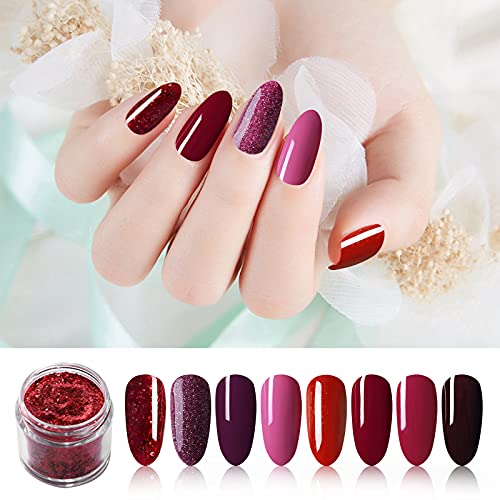 Honey Joy 8pcs/set Fine Dipping Powder Dip Kit Powder Nail Color System, Dark Red Rose Glitter Sequin Purple Red Wine,Like Gel Polish Effect,Even & Smooth Finishing (113-126-50-55-90-19-78-63-10g/box)