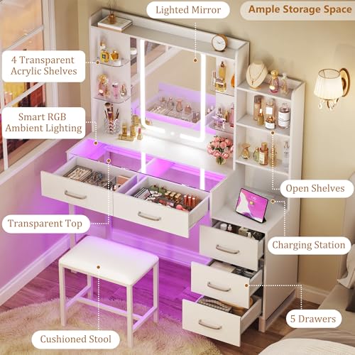 Image of HUAHUU Vanity Desk with Mirror and Lights 3 Colors, 43.3 inch Makeup Vanity with Glass Top & RGB Light, White Vanity Table Set with Stool, 5 Drawers & Power Outlet for Bedroom Dressing Room