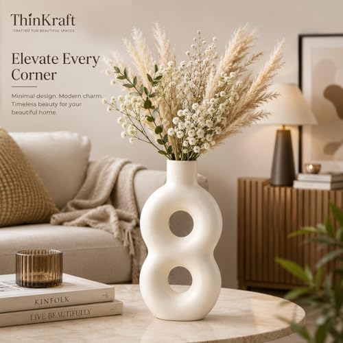 Image of Ceramic Flower Vase for Home Decor - Off White Matte Finish Abstract Hollow Design 23cm - Decorative Vase for Pampas Grass, Artificial Flowers, Living Room & Bedroom