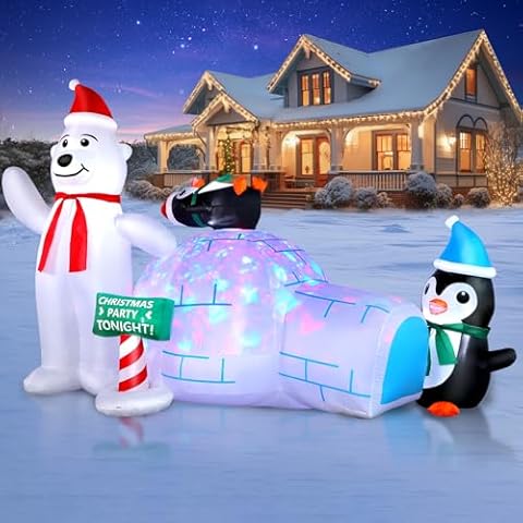 FunFanso 8FT Christmas Inflatable Polar Bear with Penguin and Igloo Outdoor Yard Decorations, Blow up Xmas Holiday Decor with Built-in Rotating LED Lights for Lawn Garden Party Patio Porch Home Cover