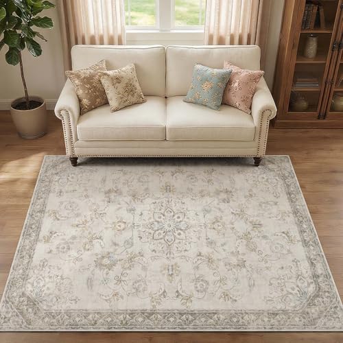 jinchan 5x7 Vintage Floral Distressed Living Room Area Rug, Taupe/Gray