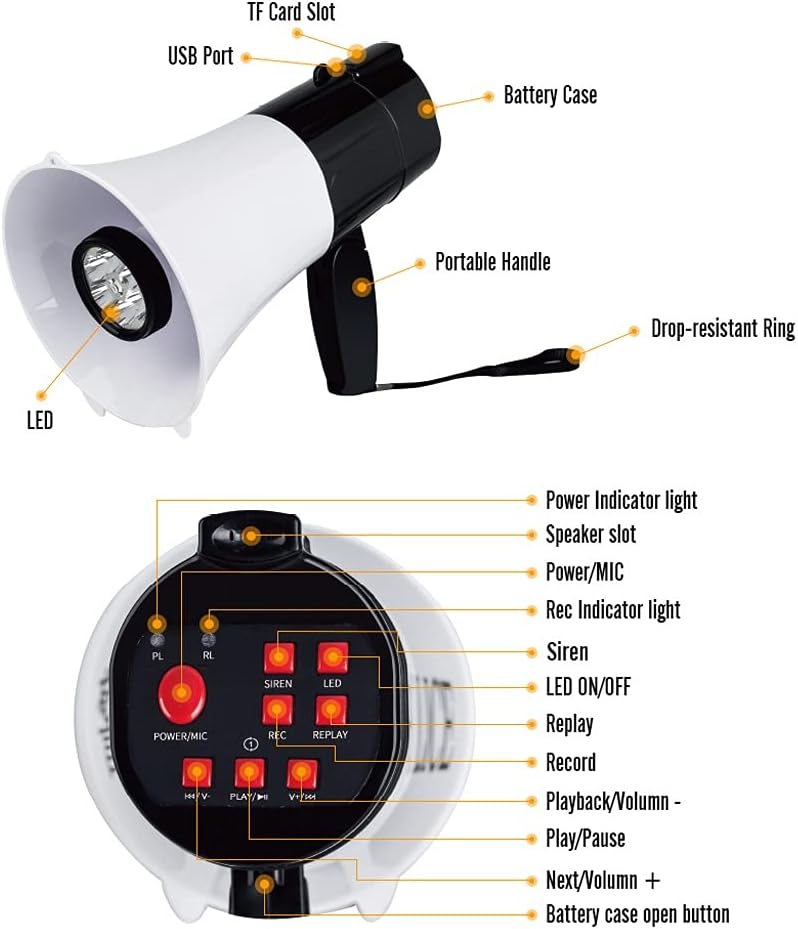 Handheld Megaphone Speaker High Power Recordable Loudspeaker Tweeter for Teaching Speech Tourist Guide Tool with Led Light