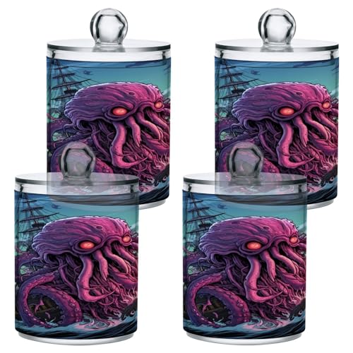 Coikll Kraken Monster Octopus Qtip Holder with Lid 2PCS Apothecary Jars Storage Containers, Clear Plastic Canister for Cotton Swab,Floss Picks, Cosmetics