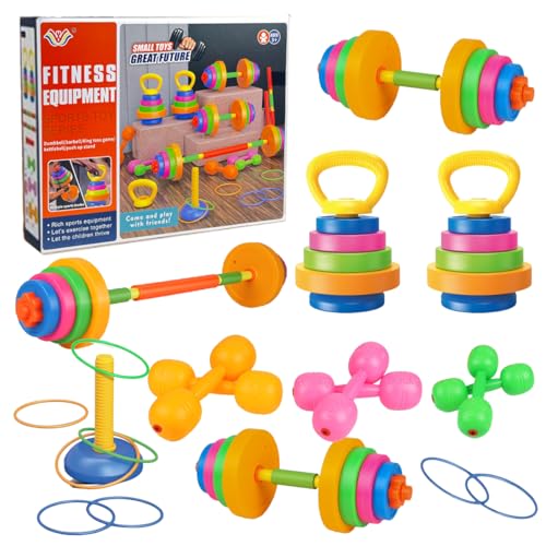 Toyana 4-in-1 Kids Weights Set 52 PCs Barbell Dumbbell Kettlebell & Ring Toss Game for Children Toy Workout & Fitness Set Colourful Sensory Play Equipment for Boys & Girls 3+ Years