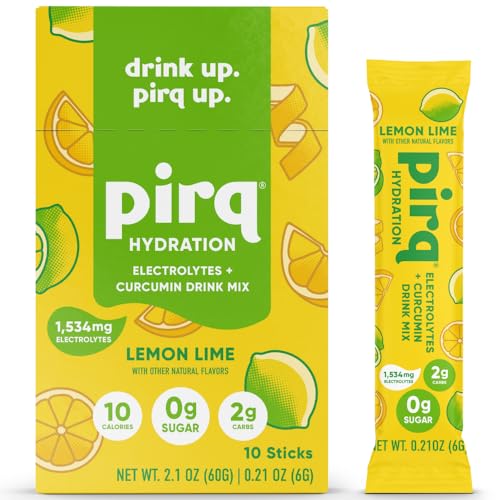 Pirq Hydration - Lemon Lime - Hydration Powder Packets | Electrolyte Drink Mix | Curcumin | B Vitamins | Zero Sugar | Keto Friendly | 10 Sticks