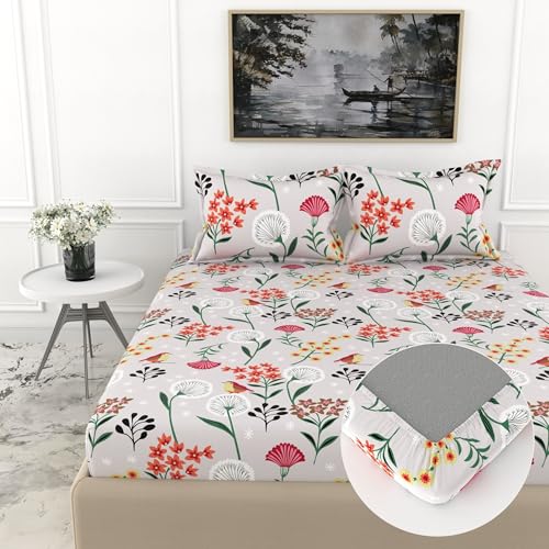 Image of LORETO - A QUALITY LINEN BRAND 100% Cotton Elastic Fitted Bedsheets Double Bed with 2 Pillow Cover Printed Fitted Bed Sheet for Double Size Mattress - 78 x 60 Inch, Lavender Grey Spring Harmony