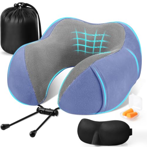 Image of CloudBliss Travel Pillow for Airplane, Memory Foam Neck Pillow for Travel, Compact Flight Pillow with Eye Mask, Earplugs, Carry Bag, Travel Neck Pillow for Long Flight Sleep, Plane Accessories, Blue