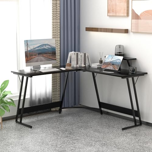 Devoko L Shaped Gaming Desk Corner Gaming Desk 130x130x75cm Corner Computer Desk Computer Gaming Desk Large PC Writing Table with Monitor Stand for Home and Office,Black Frosted