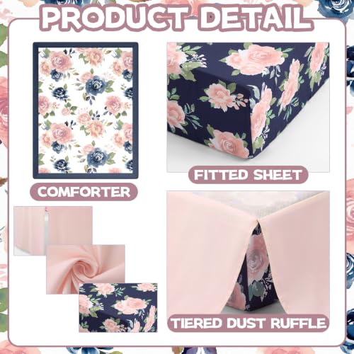 Image of Hahafelt 3 Pcs Pink Floral Baby Crib Bedding Set Navy Blue Elegant Botanical Decor for Infant Bed with Flowers Print Includes Quilt, Fitted Sheet, Skirt for Baby Girl Gifts