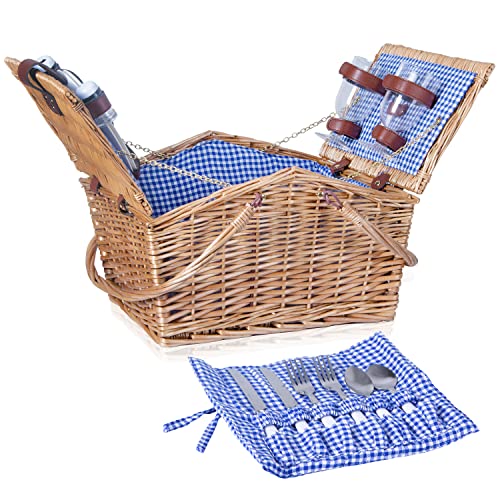 RURALITY Large Picnic Basket for 2 Persons,Wicker Picnic Sets with Plates, Wine Glasses, Cutlery, and Corkscrew for Outdoor Living, Camping, Blue Gingham