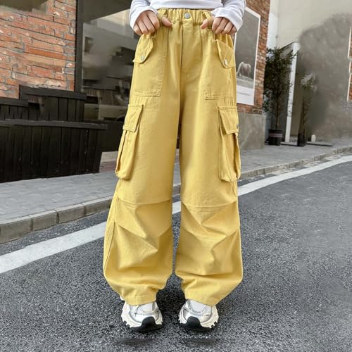 Cargo Pants for Girls Elastic Waist Y2K Cargo Trousers with Pockets Jogger Parachute Pants Kids 7-14 Years3
