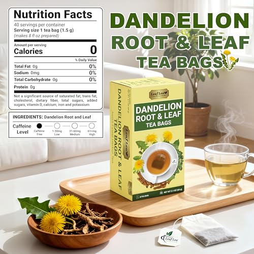 Image of LeafLea Dandelion Root and Leaf Tea Bags, 40 Count, Roasted Dandelion Root Tea Blend, Natural Herbal Tea for Digestion & Wellness, Te de Diente de Leon, Individually Wrapped, Caffeine-Free, No Sugar
