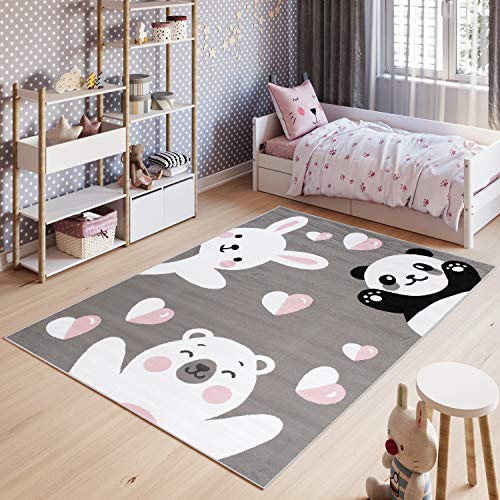 TAPISO Pinky Tappeto Bambini Stanza Bambini Cameretta Bimbi Bimba Camera da Letto Grigio Bianco Rosa A Pelo Corto Orso Panda Colorato Morbido 80 x 150 cm