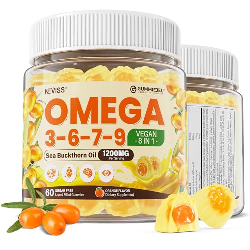 Image of Omega 3-6-7-9 Gummies, Organic Sea Buckthorn Oil 1200MG & Flaxseed Oil 500MG, Vegan Omega 7 Supplement w /Vitamin A, C, E, Fatty Acids, No Fish Taste, Supports Skin, Eye, Immune, Brain Health, 60 Cts