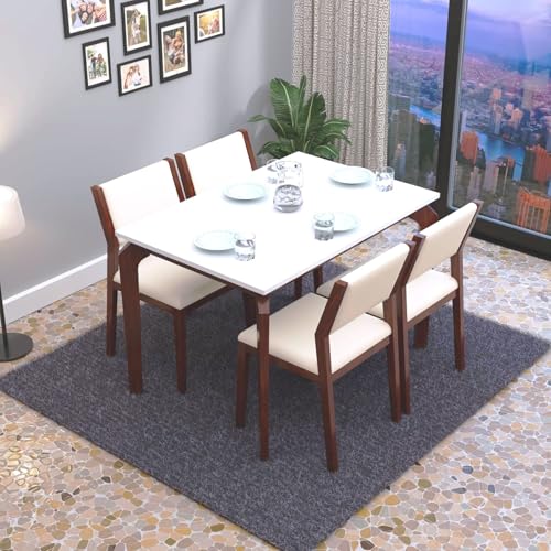 Image of MURALICRAFT Sheesham Wood 45 inch Dining Table Set of 4 | Marble Finish Four Seater Dinning Table with 4 Upholstered Dining Chairs | Table Top: Premium HDMR Wood, Chair: Curved Design, White & Walnut