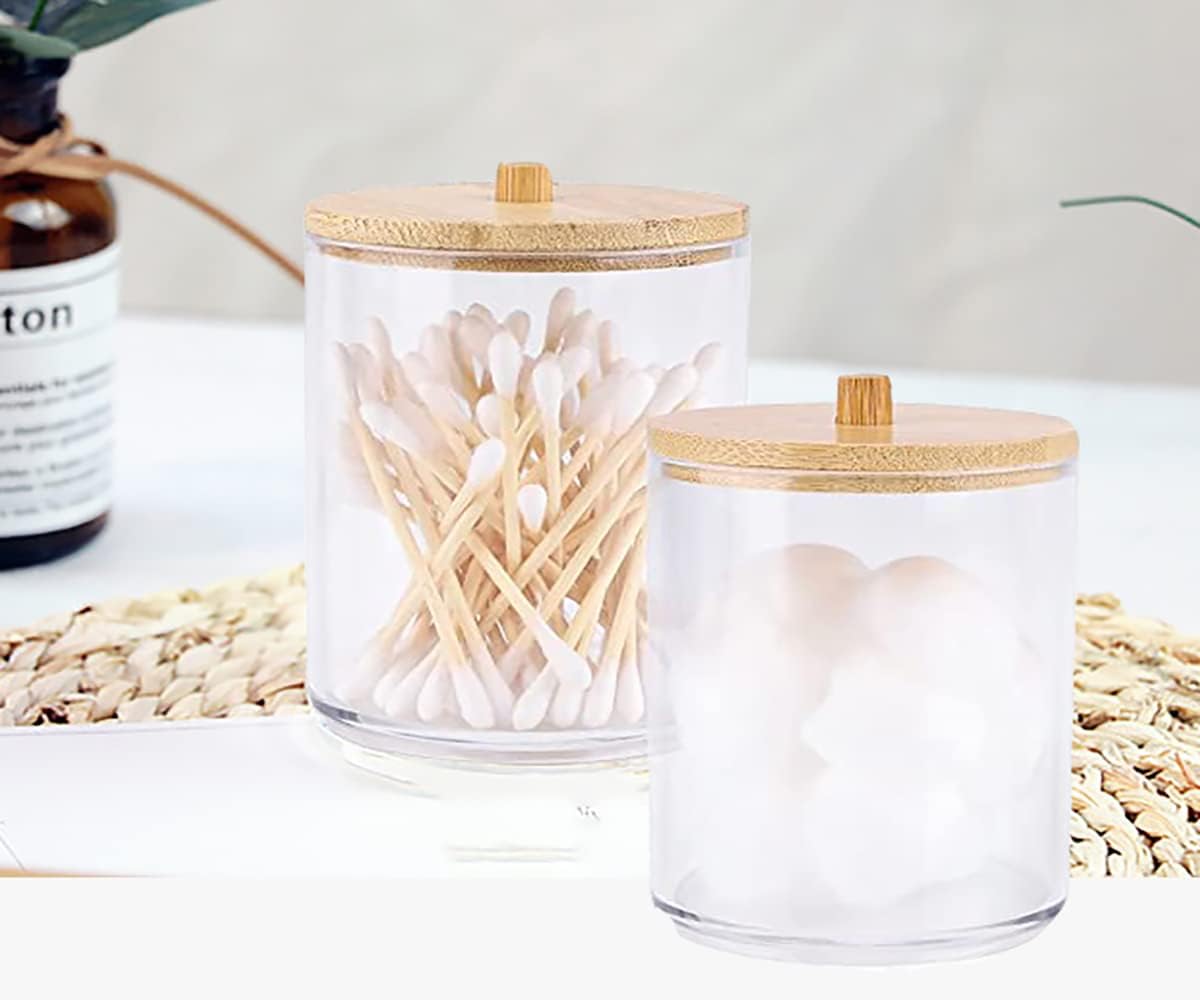 2 Pack Acrylic Qtip Holders, Large Cotton Round Holder with Bamboo Lid Clear Apothecary Jars Bathroom Canister Storage for Q-Tips, Cotton Pads & Swab, Hair Ties, Makeup Brush Organizing