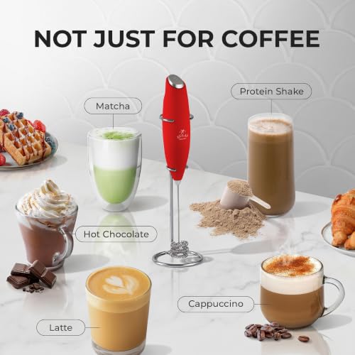 Image of Zulay Kitchen Powerful Milk Frother Wand With Duracell Batteries - Ultra Fast Handheld Drink Mixer - Electric Whisk Foam Maker for Coffee, Lattes, Cappuccino & Matcha - Triple Whisk - Maroon Red
