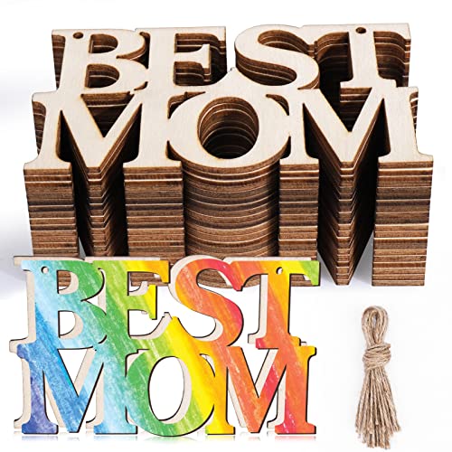 AIERSA 20Pcs Best MOM Unfinished Wood Crafts Mothers Day Crafts for Kids Painting Wood Cutouts to Paint Wooden Letters Ornaments for Mothers Day GiftsMoms Birthday Party Classroom DIY Tags