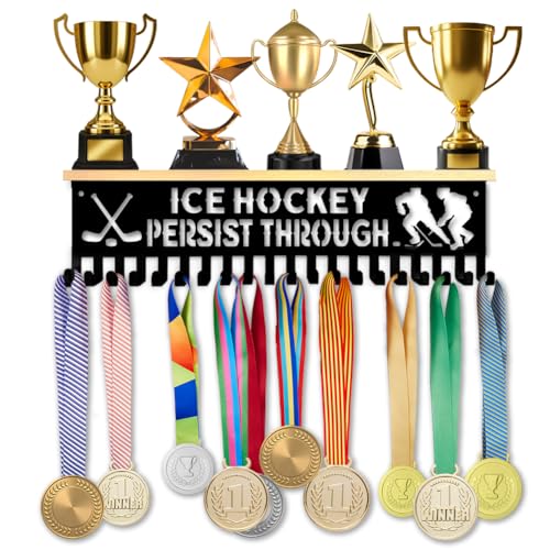 Support porte-médaille hockey sur glace en bois noir avec étagère à trophées
