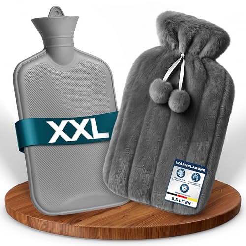 volila 3.5 L XXL Wärmflasche mit Bezug - Süße Wärmeflasche Grau mit Weichem Kunstfell-Wärmflaschenbezug - Für Frauen Schmerzlinderung