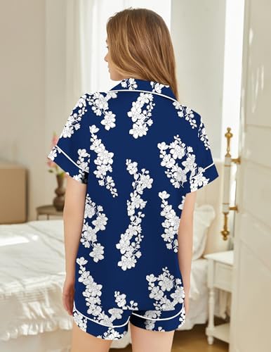Image of Silk Pajamas for Women Short Sleeve Sleepwear Soft Button Down Loungewear 2 Piece Satin Pjs Shorts Set S-XXL