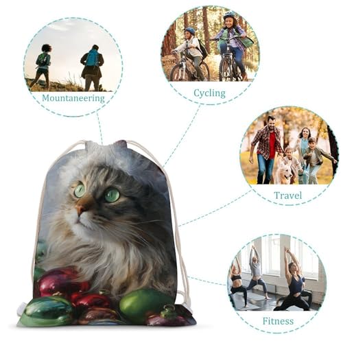Christmas Cat with Green Eyes Drawstring Backpack Canvas String Bag Lightweight Sports Gym Bag for Men Women3