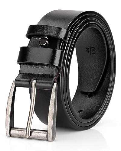 Mens Full Grain Leather Belt Black Casual Work Belt for Jeans Dress