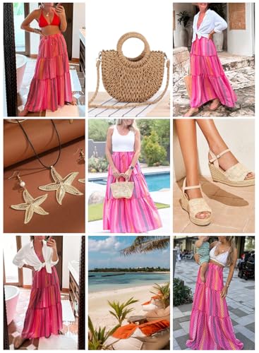 Happy Sailed Womens Floral Print Boho Maxi Skirt Elastic High Waist Pleated Ruffle Flowy Long Skirts S-XL4