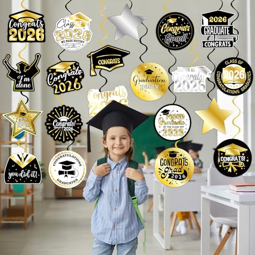 Image of 40Pcs Graduation Party Hanging Swirl Decorations, Black Glod Class of 2026 Congrats Grad Hanging Swirls Ceiling Decorations for 2026 Graduation Party Decor Supplies