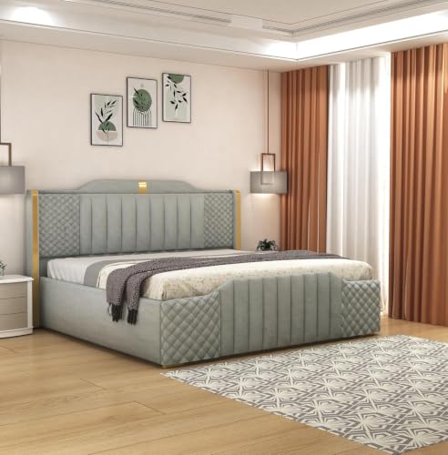 Image of Modern Upholstered King Size Bed with Storage | Double Bed with Box Storage & Upholstery Premium Fabric Headboard | Platform Bed for Bedroom & Hotel, Sheesham Wood, Grey, 6.5 x 6 Ft