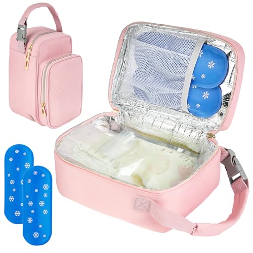 Image of ZIOZERTT Breastmilk Cooler Travel bag with Ice Pack,Portable Breastmilk Cooler Bag with Buckle Handle,Insulated Breastmilk Storage Bag Cooler,Pink