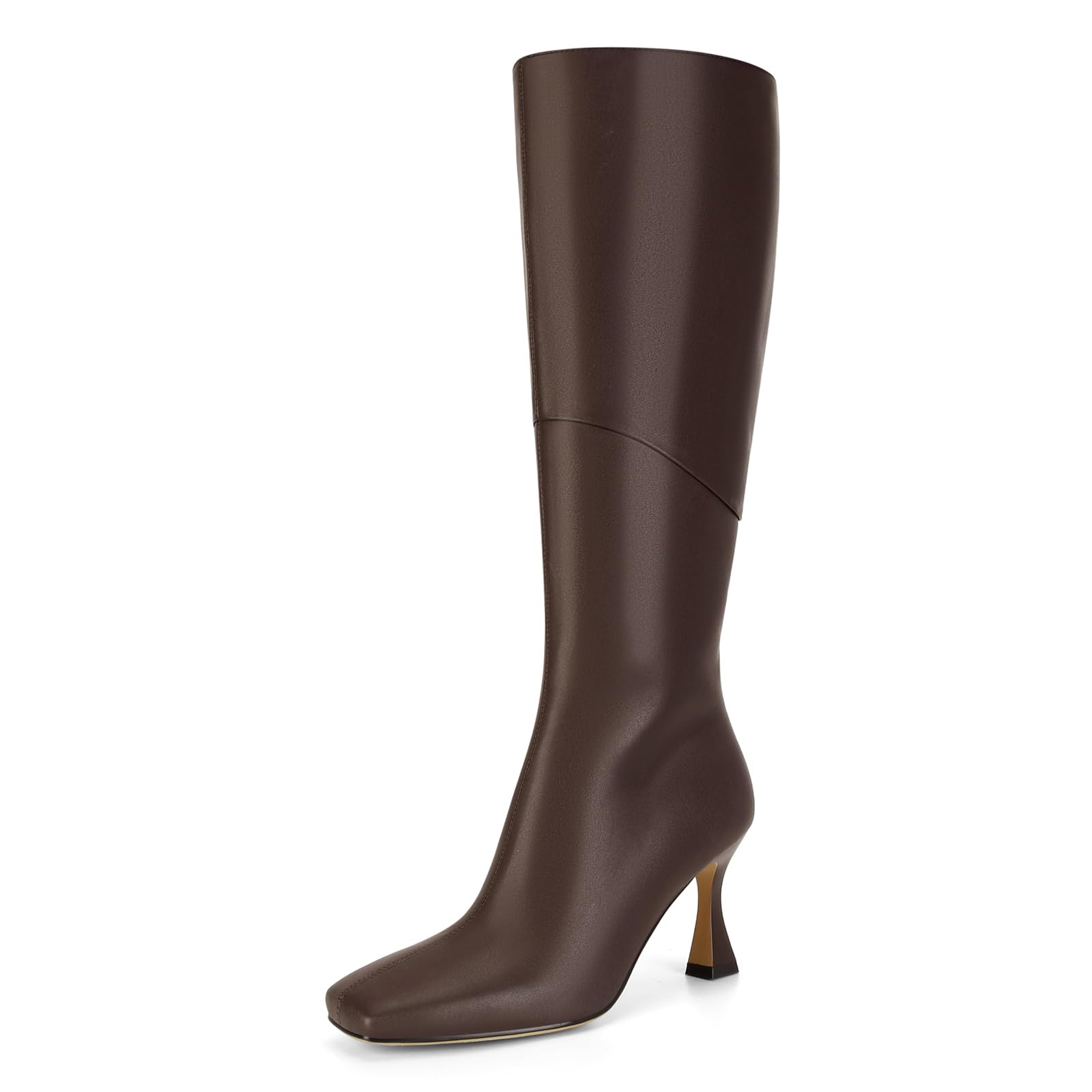 DOEYG Black Leather Knee High Boots for Women Kitten Heel Tall Boots Square Toe Stiletto Heels Heeled Boots