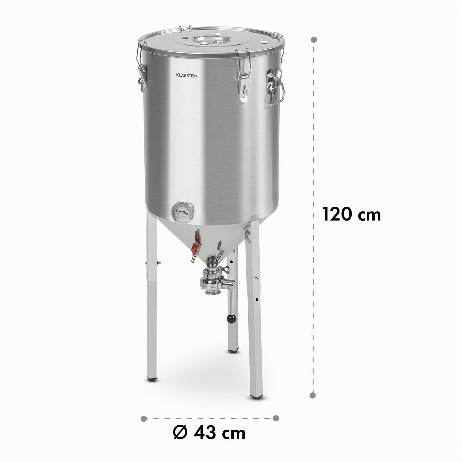 Klarstein Gärkeller Sistema para Elaborar Cerveza - Fermentador con Termómetro, Olla Cónica de Acero Inoxidable, para Cerveza o Vino, Airlock Tapa Hermética, Grifo, Pro 60 L, Plata