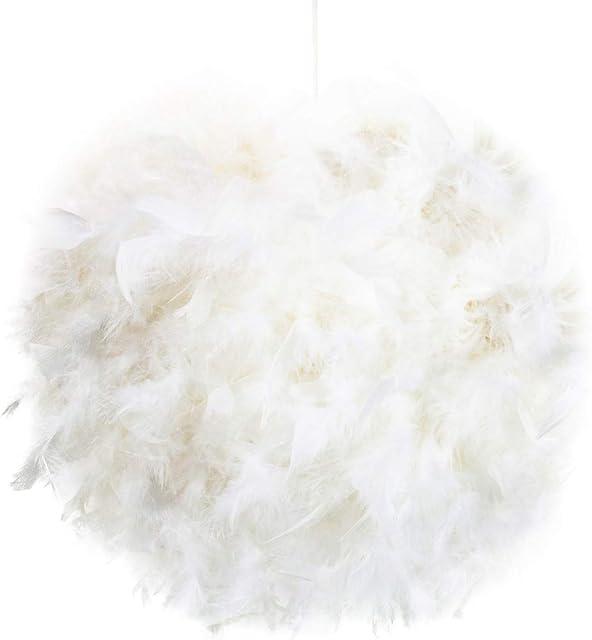 Contemporary and Unique Large White Real Feather Decorated Pendant Light Shade - 40cm Diameter & 40watt Maximum - Beautiful Statement Piece by Happy Homewares