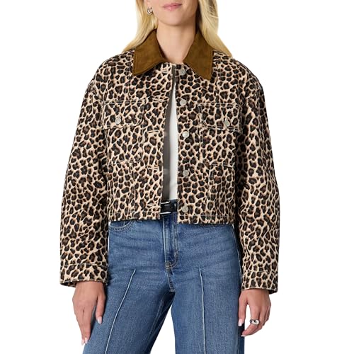 Amazon Essentials Women's (Demi's Pick) Oversized-Fit Cropped Denim Jacket with Contrast Corduroy Collar, Black Brown Animal Print, X-Large