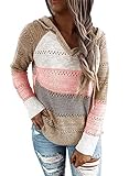 BLENCOT Womens Winter Hooded Sweaters Color Block Drawstring Pullover Sweatshirts Fashion Knitted Tops Ladies Clothes Khaki M