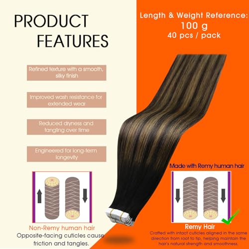 Image of Full Shine Black Hair Extensions Color 1B Black Ombre 6 Brown And 1B Tape in Hair Extensions Human Hair 22Inch 100G Remy Seamless Skin Weft Invisible Extension for Bridal Hairstyles 40Pcs