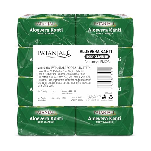 Image of Patanjali Aloe Vera Kanti Body Cleanser Soap for Men and Women(150g, Pack of 8), Nourishing & Moisturizing, Natural Aloe Vera Soap for Soft Skin