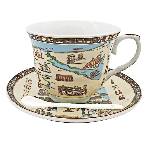 Coffee Espresso Cups and Saucers Set Egyptian River Map Golden Ceramic Cup Espresso shot Cup, Demitasse Cup 3.4oz/100ml Tea Cup Set Porcelain Gift for Birthday Family Friends (Beige and Blue)