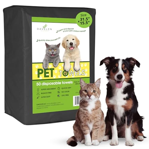 Image of DAVELEN Disposable Pet Towels (50-Pack), Super Absorbent, for Small, Medium, Large Dogs & Cats | Paws, Fur, Body Use | Bleach and Dye Free, Ecofriendly | Towels Size: 31.5 inch x 15.5 inch (Black)