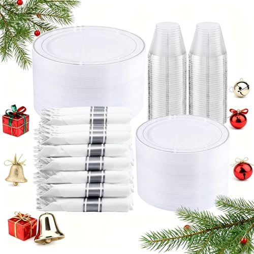 WELLIFE 350-Piece Silver Plastic Dinnerware Set - Disposable 10.25' Dinner Plates, 7.5' Dessert Plates, 9oz Silver Rim Cups & Cutlery for Weddings - 50 Guest Service - Elegant Disposable Silverware