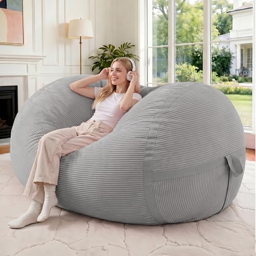 Image of 4FT Bean Bag Chair 4'Big Bean Bag Chairs with Adults, Large Beanbag Chair | Bean bag Lounger with Machine Washable Cover Corduroy Fabric, Comfy Chairs for Living Room Bedroom Dorm, Lightgrey